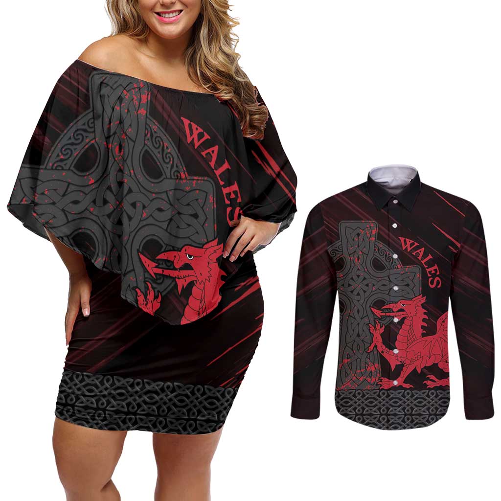 Wales Couples Matching Off Shoulder Short Dress and Long Sleeve Button Shirt Celtic Cross Welsh Red Dragon - Wonder Print Shop