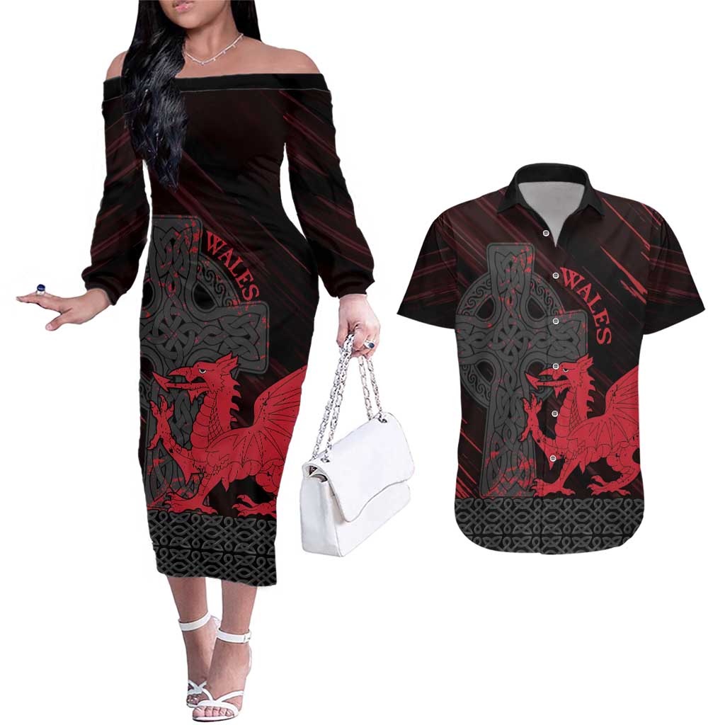 Wales Couples Matching Off The Shoulder Long Sleeve Dress and Hawaiian Shirt Celtic Cross Welsh Red Dragon - Wonder Print Shop