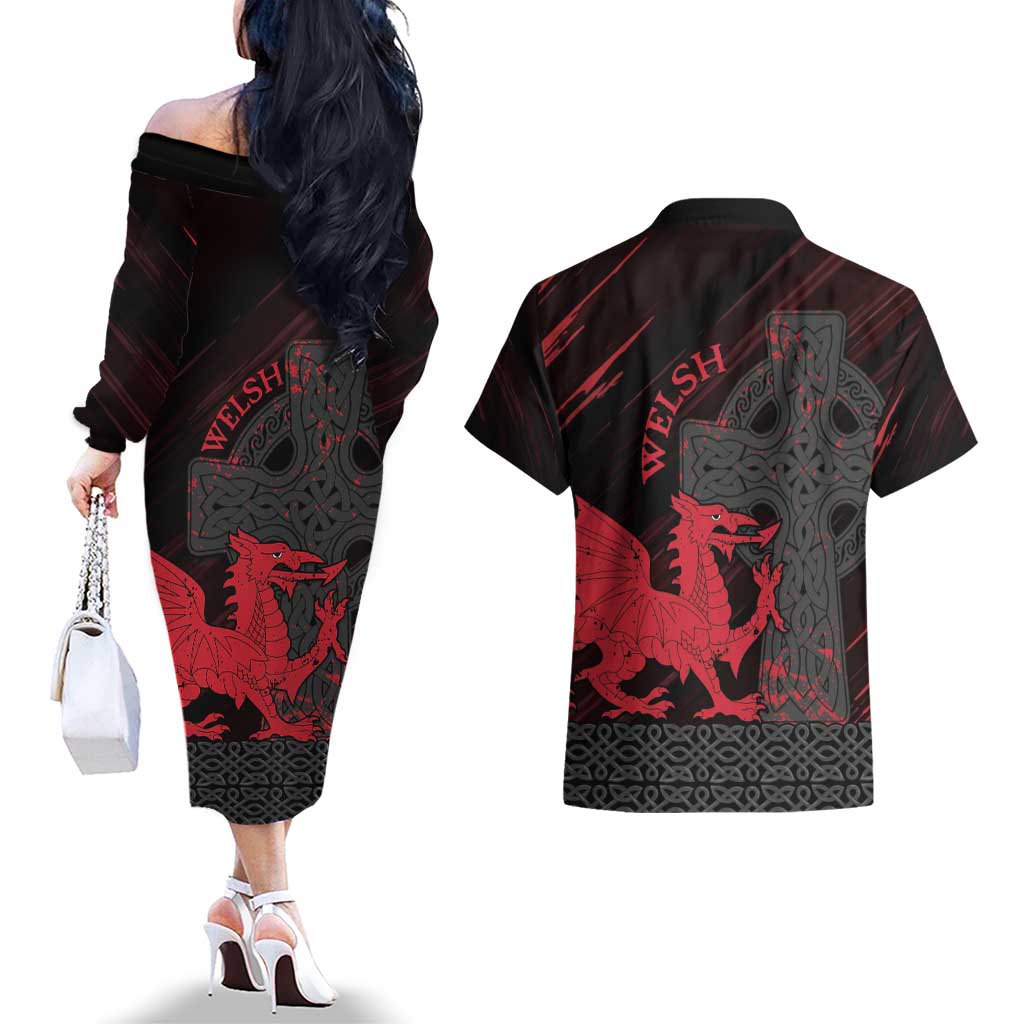 Wales Couples Matching Off The Shoulder Long Sleeve Dress and Hawaiian Shirt Celtic Cross Welsh Red Dragon - Wonder Print Shop