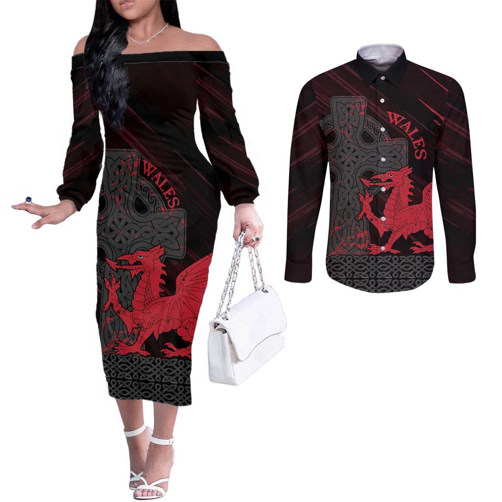 Wales Couples Matching Off The Shoulder Long Sleeve Dress and Long Sleeve Button Shirt Celtic Cross Welsh Red Dragon - Wonder Print Shop