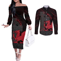 Wales Couples Matching Off The Shoulder Long Sleeve Dress and Long Sleeve Button Shirt Celtic Cross Welsh Red Dragon - Wonder Print Shop