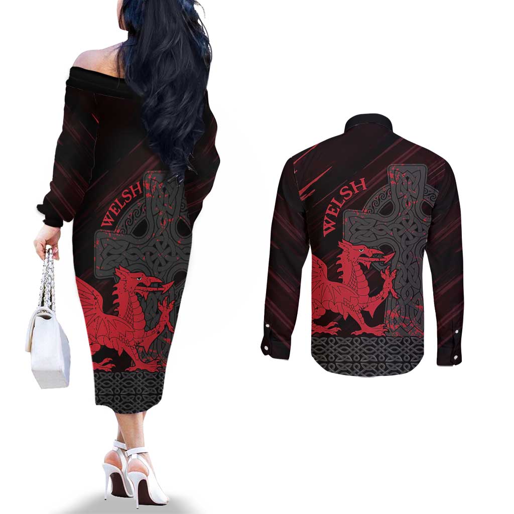 Wales Couples Matching Off The Shoulder Long Sleeve Dress and Long Sleeve Button Shirt Celtic Cross Welsh Red Dragon - Wonder Print Shop