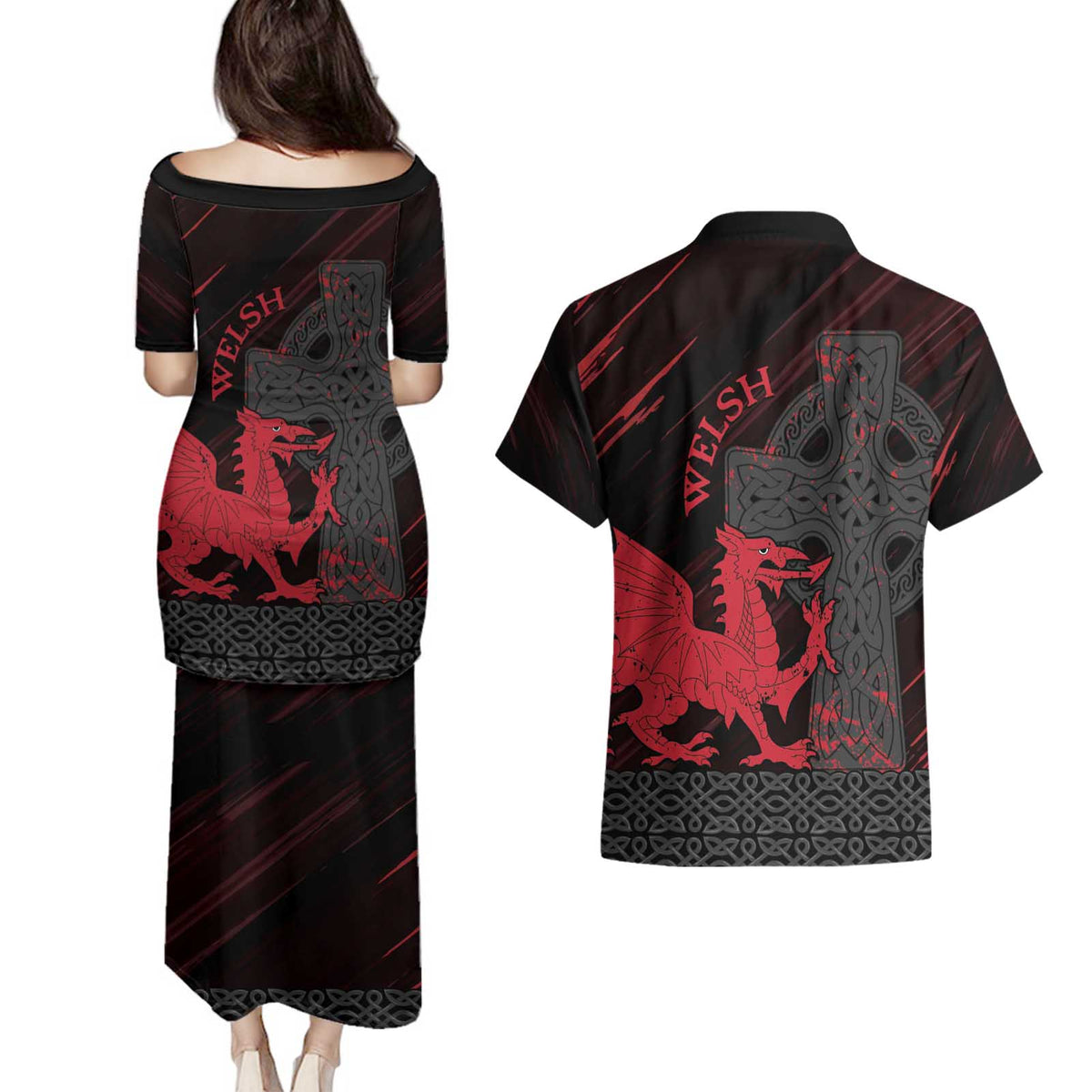 Wales Couples Matching Puletasi and Hawaiian Shirt Celtic Cross Welsh Red Dragon - Wonder Print Shop