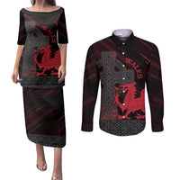 Wales Couples Matching Puletasi and Long Sleeve Button Shirt Celtic Cross Welsh Red Dragon - Wonder Print Shop