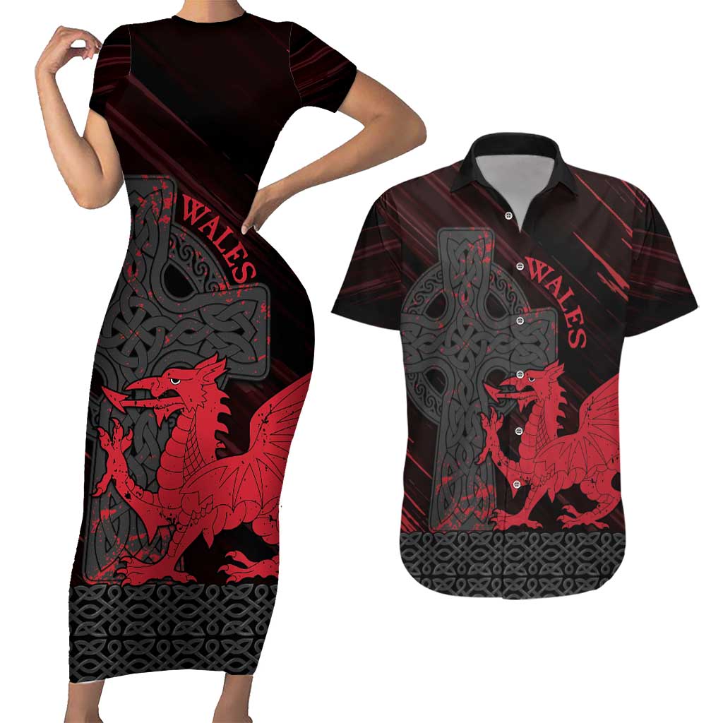 Wales Couples Matching Short Sleeve Bodycon Dress and Hawaiian Shirt Celtic Cross Welsh Red Dragon - Wonder Print Shop