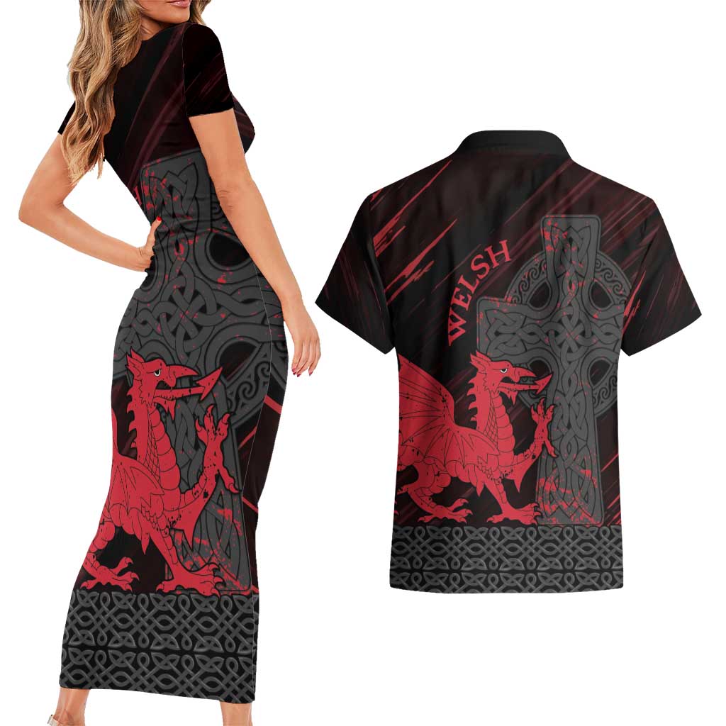 Wales Couples Matching Short Sleeve Bodycon Dress and Hawaiian Shirt Celtic Cross Welsh Red Dragon - Wonder Print Shop