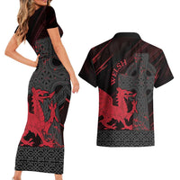 Wales Couples Matching Short Sleeve Bodycon Dress and Hawaiian Shirt Celtic Cross Welsh Red Dragon - Wonder Print Shop