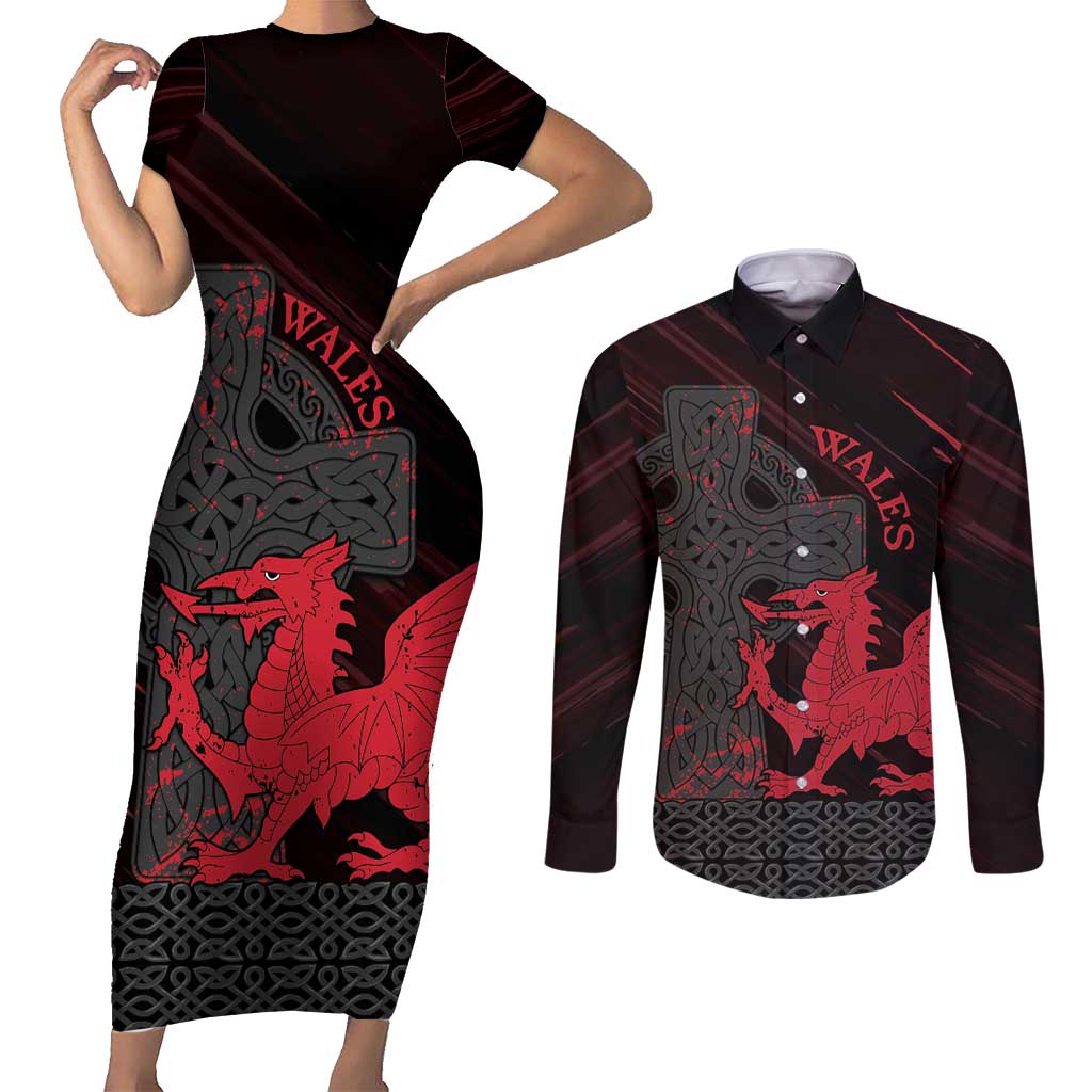 Wales Couples Matching Short Sleeve Bodycon Dress and Long Sleeve Button Shirt Celtic Cross Welsh Red Dragon - Wonder Print Shop