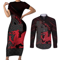 Wales Couples Matching Short Sleeve Bodycon Dress and Long Sleeve Button Shirt Celtic Cross Welsh Red Dragon - Wonder Print Shop