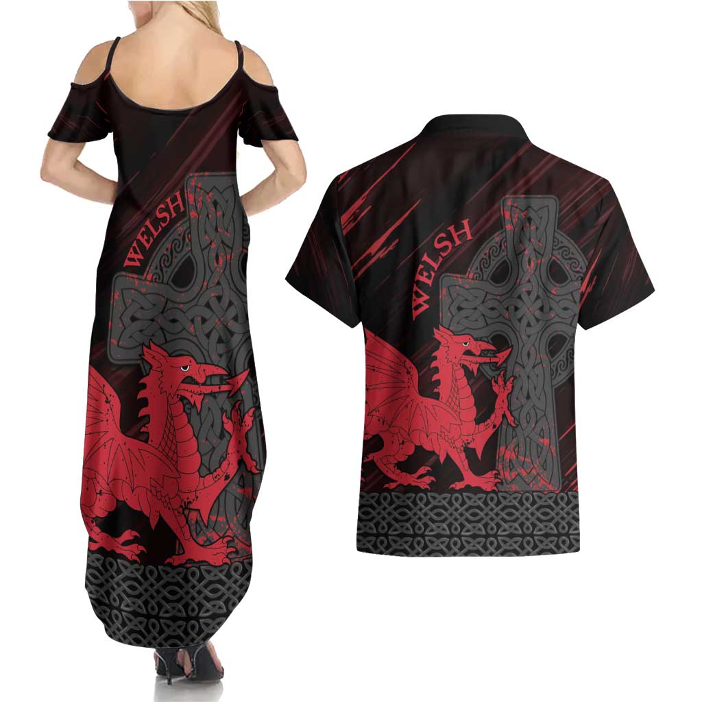 Wales Couples Matching Summer Maxi Dress and Hawaiian Shirt Celtic Cross Welsh Red Dragon - Wonder Print Shop