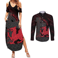 Wales Couples Matching Summer Maxi Dress and Long Sleeve Button Shirt Celtic Cross Welsh Red Dragon - Wonder Print Shop