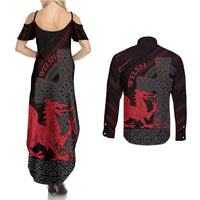 Wales Couples Matching Summer Maxi Dress and Long Sleeve Button Shirt Celtic Cross Welsh Red Dragon - Wonder Print Shop