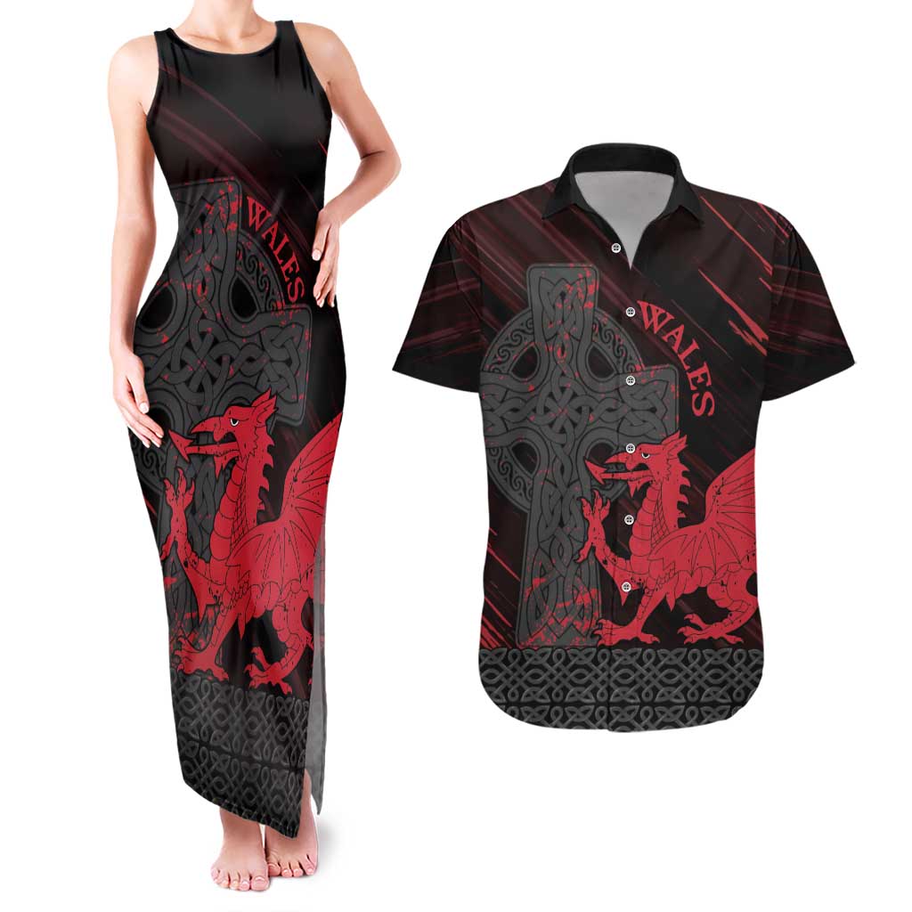 Wales Couples Matching Tank Maxi Dress and Hawaiian Shirt Celtic Cross Welsh Red Dragon - Wonder Print Shop