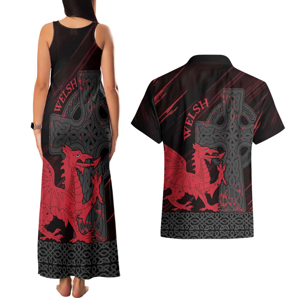 Wales Couples Matching Tank Maxi Dress and Hawaiian Shirt Celtic Cross Welsh Red Dragon - Wonder Print Shop