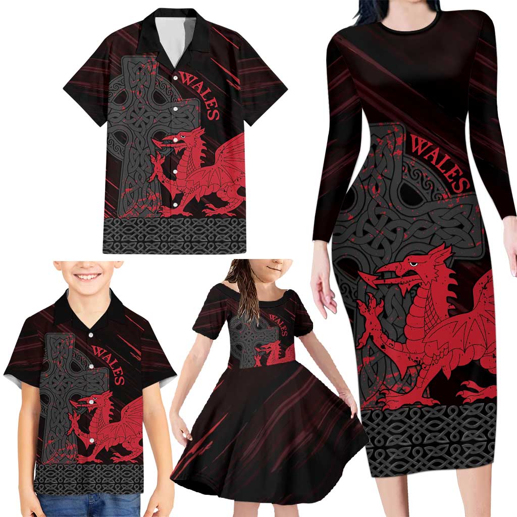 Wales Family Matching Long Sleeve Bodycon Dress and Hawaiian Shirt Celtic Cross Welsh Red Dragon - Wonder Print Shop
