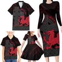 Wales Family Matching Long Sleeve Bodycon Dress and Hawaiian Shirt Celtic Cross Welsh Red Dragon - Wonder Print Shop