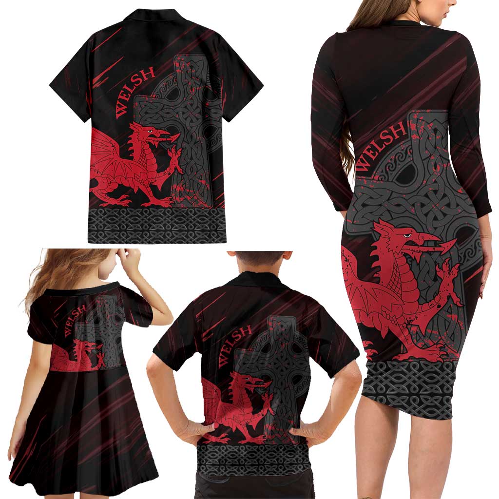 Wales Family Matching Long Sleeve Bodycon Dress and Hawaiian Shirt Celtic Cross Welsh Red Dragon - Wonder Print Shop