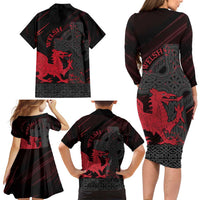 Wales Family Matching Long Sleeve Bodycon Dress and Hawaiian Shirt Celtic Cross Welsh Red Dragon - Wonder Print Shop