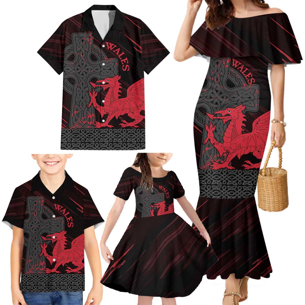 Wales Family Matching Mermaid Dress and Hawaiian Shirt Celtic Cross Welsh Red Dragon - Wonder Print Shop