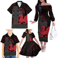 Wales Family Matching Off The Shoulder Long Sleeve Dress and Hawaiian Shirt Celtic Cross Welsh Red Dragon - Wonder Print Shop