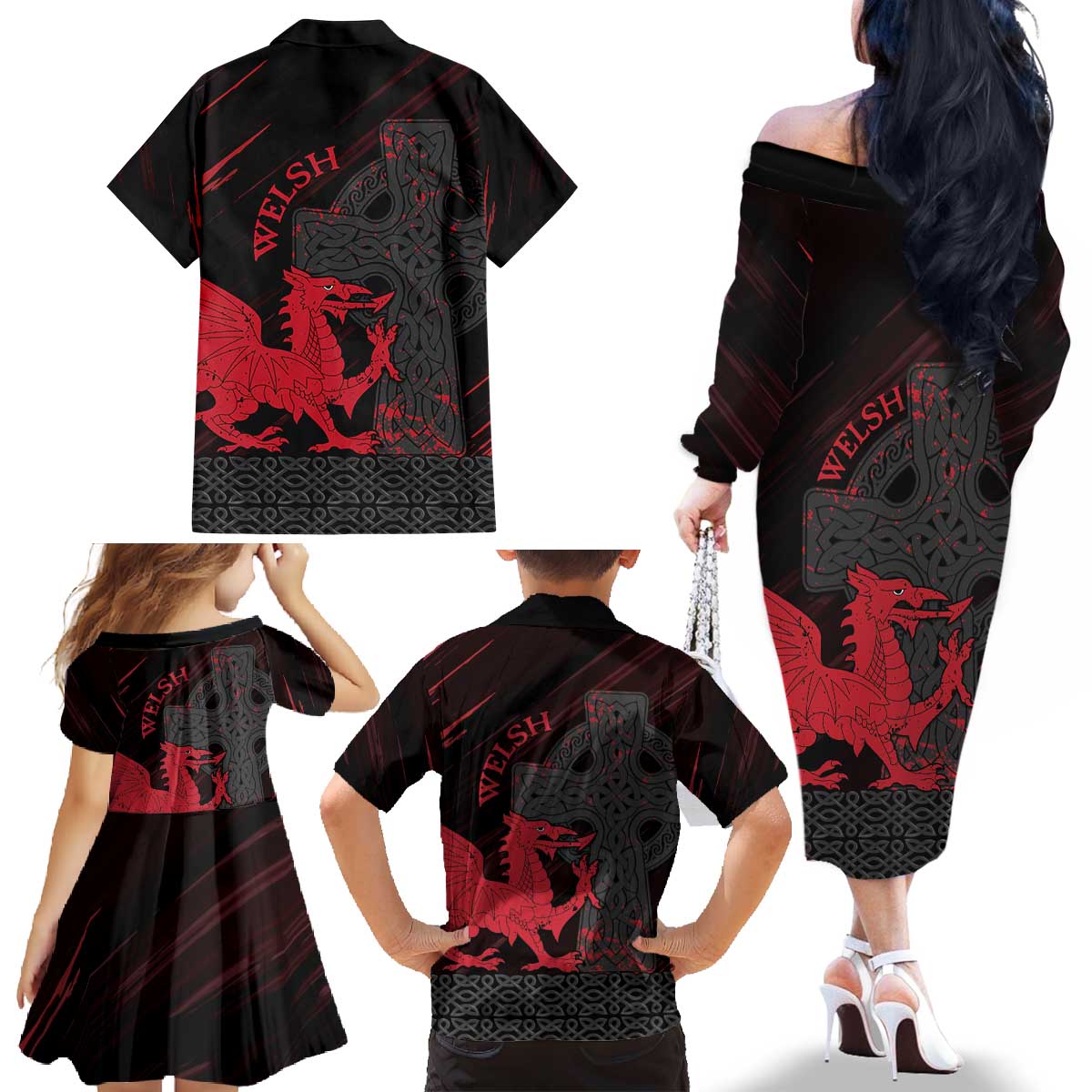 Wales Family Matching Off The Shoulder Long Sleeve Dress and Hawaiian Shirt Celtic Cross Welsh Red Dragon - Wonder Print Shop