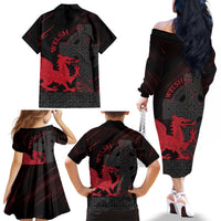 Wales Family Matching Off The Shoulder Long Sleeve Dress and Hawaiian Shirt Celtic Cross Welsh Red Dragon - Wonder Print Shop