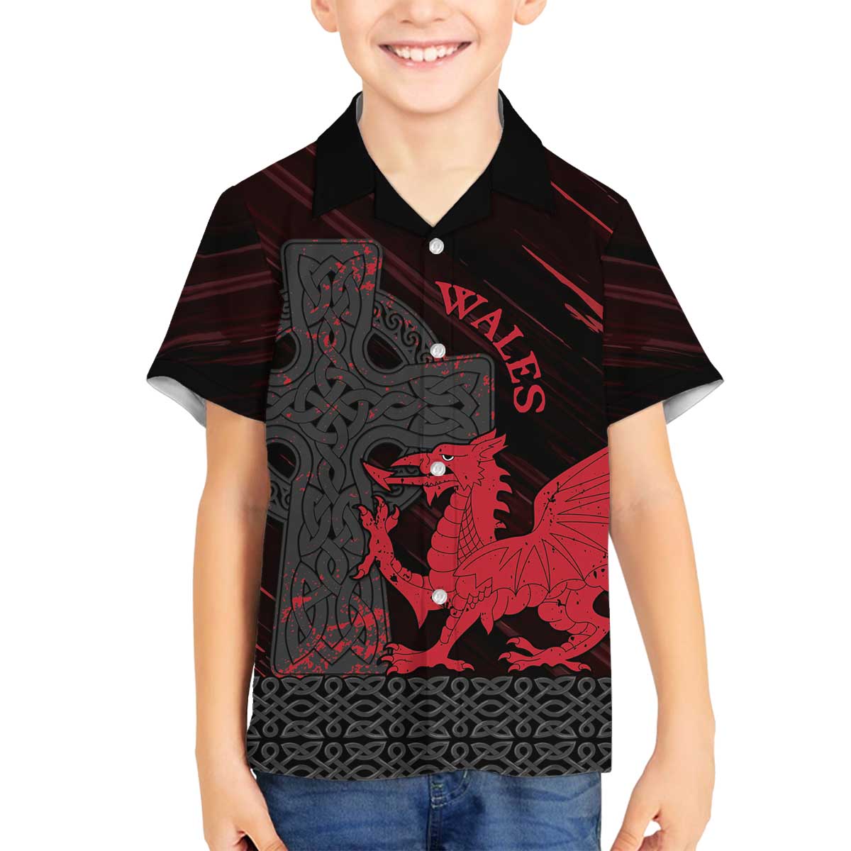 Wales Family Matching Off The Shoulder Long Sleeve Dress and Hawaiian Shirt Celtic Cross Welsh Red Dragon - Wonder Print Shop