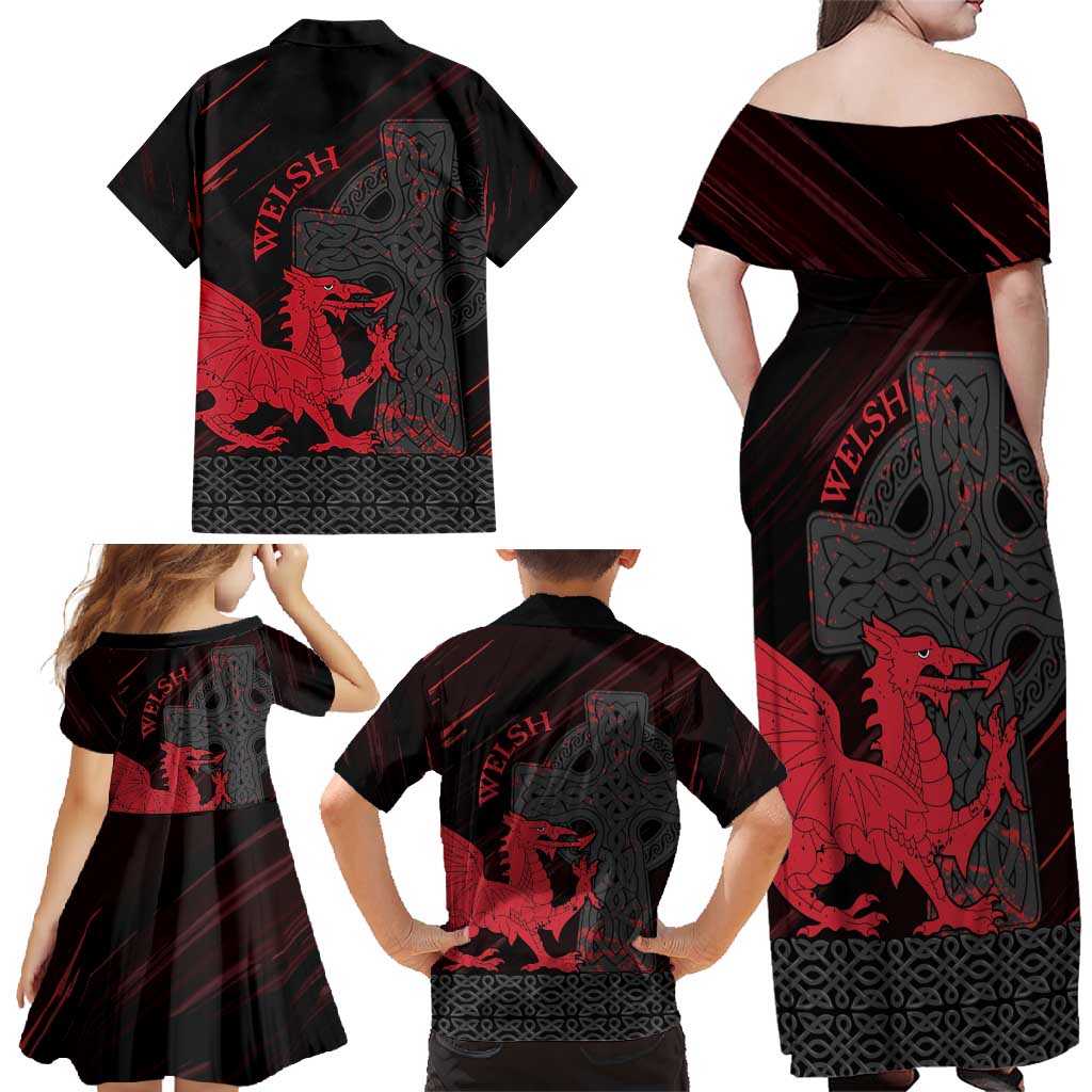 Wales Family Matching Off Shoulder Maxi Dress and Hawaiian Shirt Celtic Cross Welsh Red Dragon - Wonder Print Shop