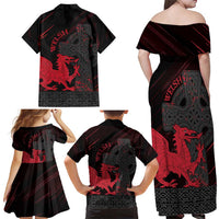 Wales Family Matching Off Shoulder Maxi Dress and Hawaiian Shirt Celtic Cross Welsh Red Dragon - Wonder Print Shop