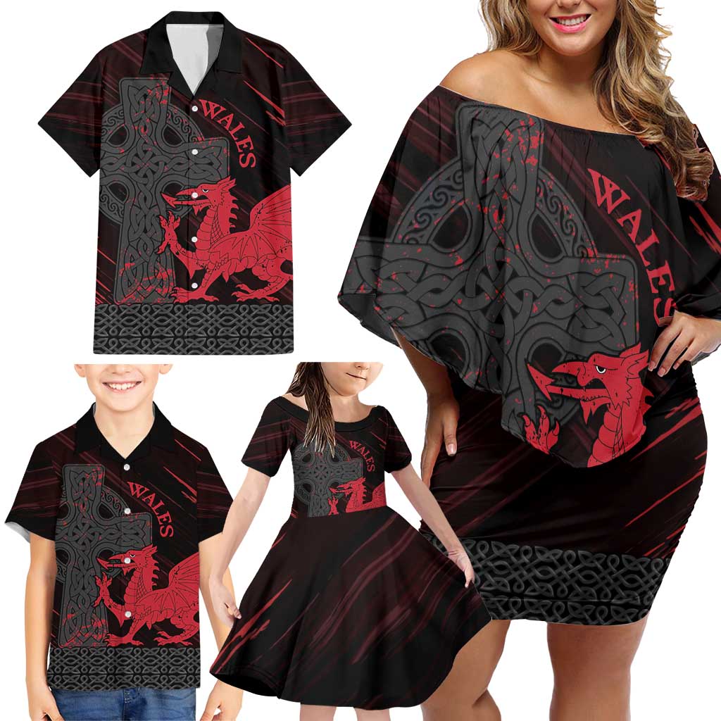 Wales Family Matching Off Shoulder Short Dress and Hawaiian Shirt Celtic Cross Welsh Red Dragon - Wonder Print Shop