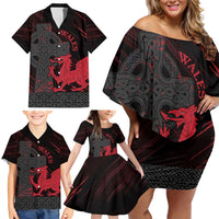 Wales Family Matching Off Shoulder Short Dress and Hawaiian Shirt Celtic Cross Welsh Red Dragon - Wonder Print Shop
