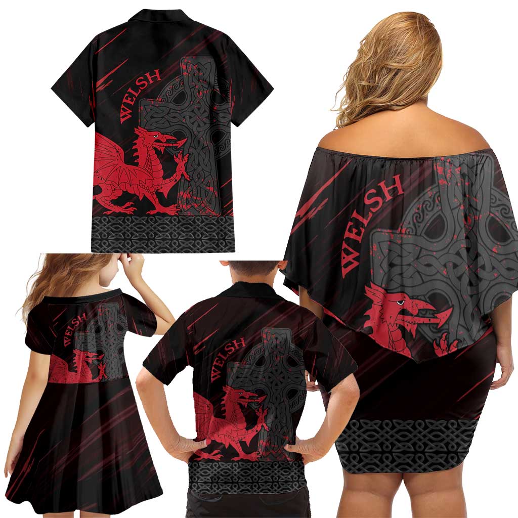 Wales Family Matching Off Shoulder Short Dress and Hawaiian Shirt Celtic Cross Welsh Red Dragon - Wonder Print Shop