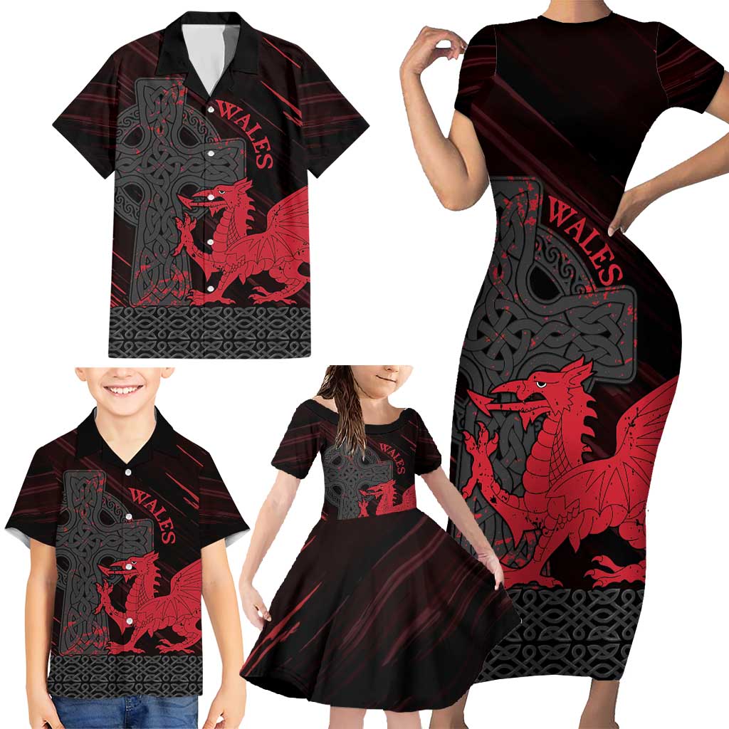 Wales Family Matching Short Sleeve Bodycon Dress and Hawaiian Shirt Celtic Cross Welsh Red Dragon - Wonder Print Shop