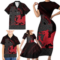 Wales Family Matching Short Sleeve Bodycon Dress and Hawaiian Shirt Celtic Cross Welsh Red Dragon - Wonder Print Shop