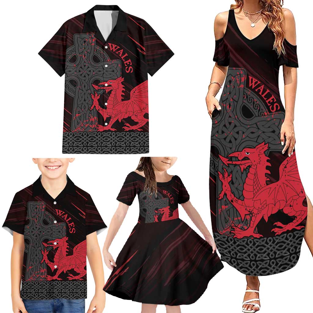 Wales Family Matching Summer Maxi Dress and Hawaiian Shirt Celtic Cross Welsh Red Dragon - Wonder Print Shop