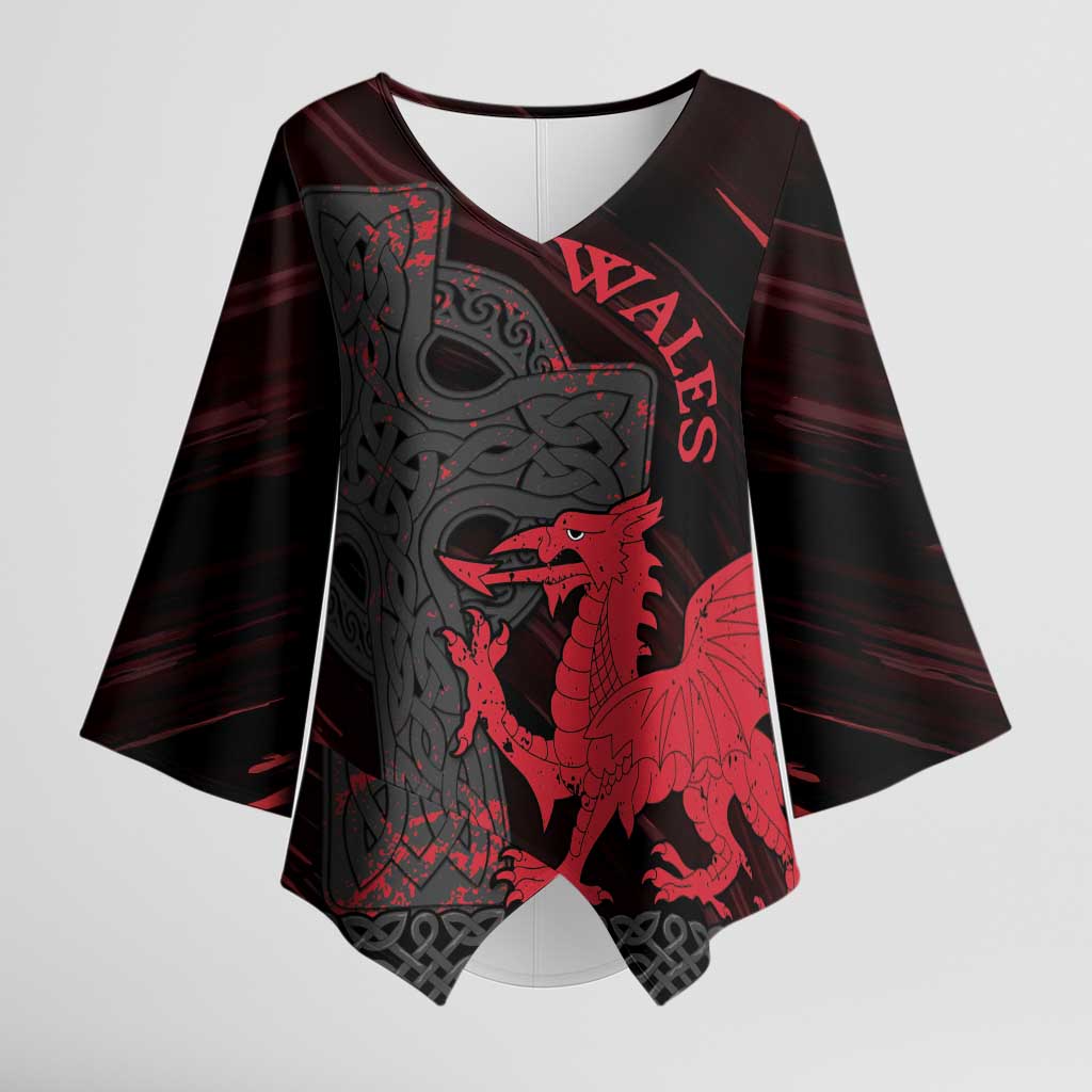 Wales Kimono Sleeve Blouse Celtic Cross Welsh Red Dragon - Wonder Print Shop