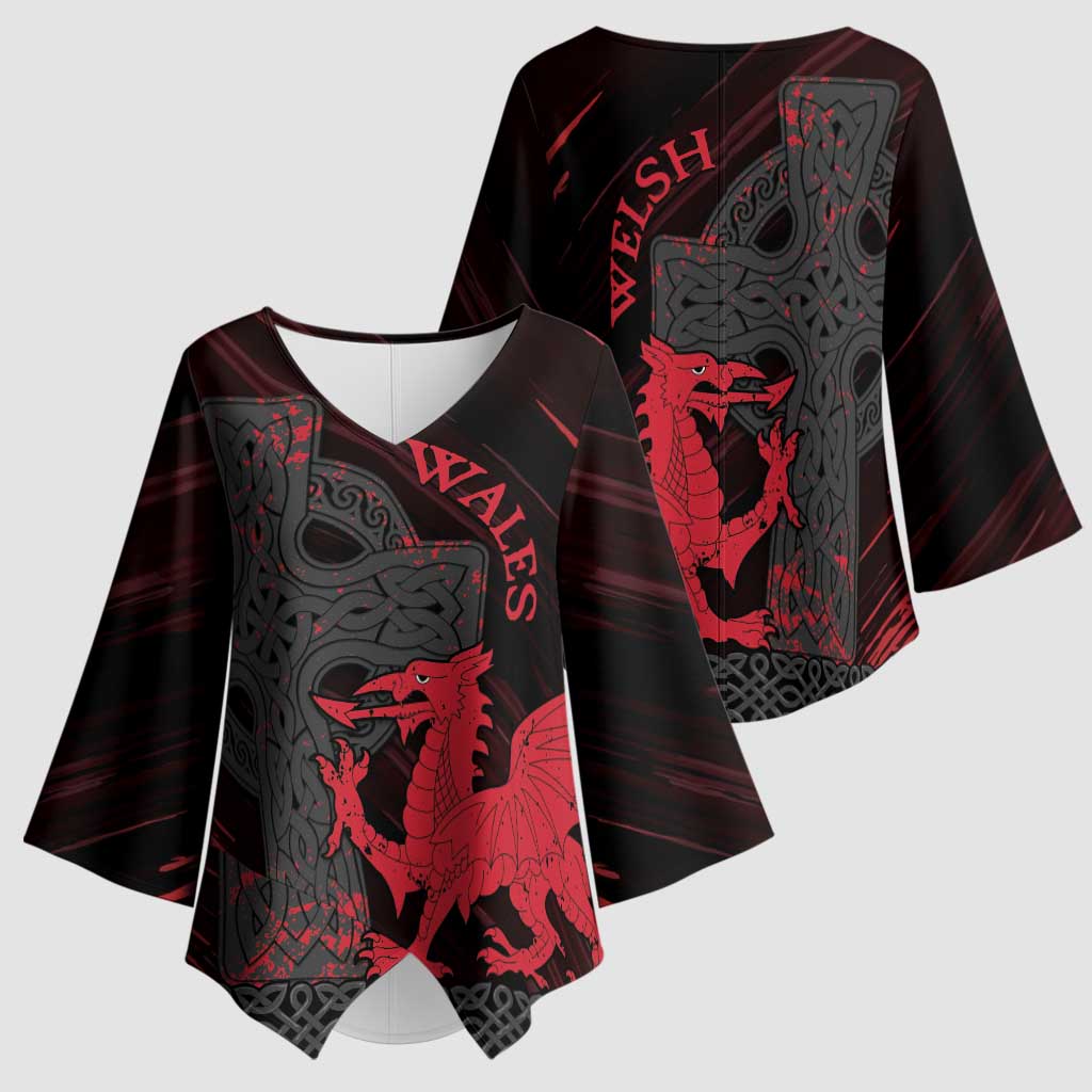 Wales Kimono Sleeve Blouse Celtic Cross Welsh Red Dragon - Wonder Print Shop