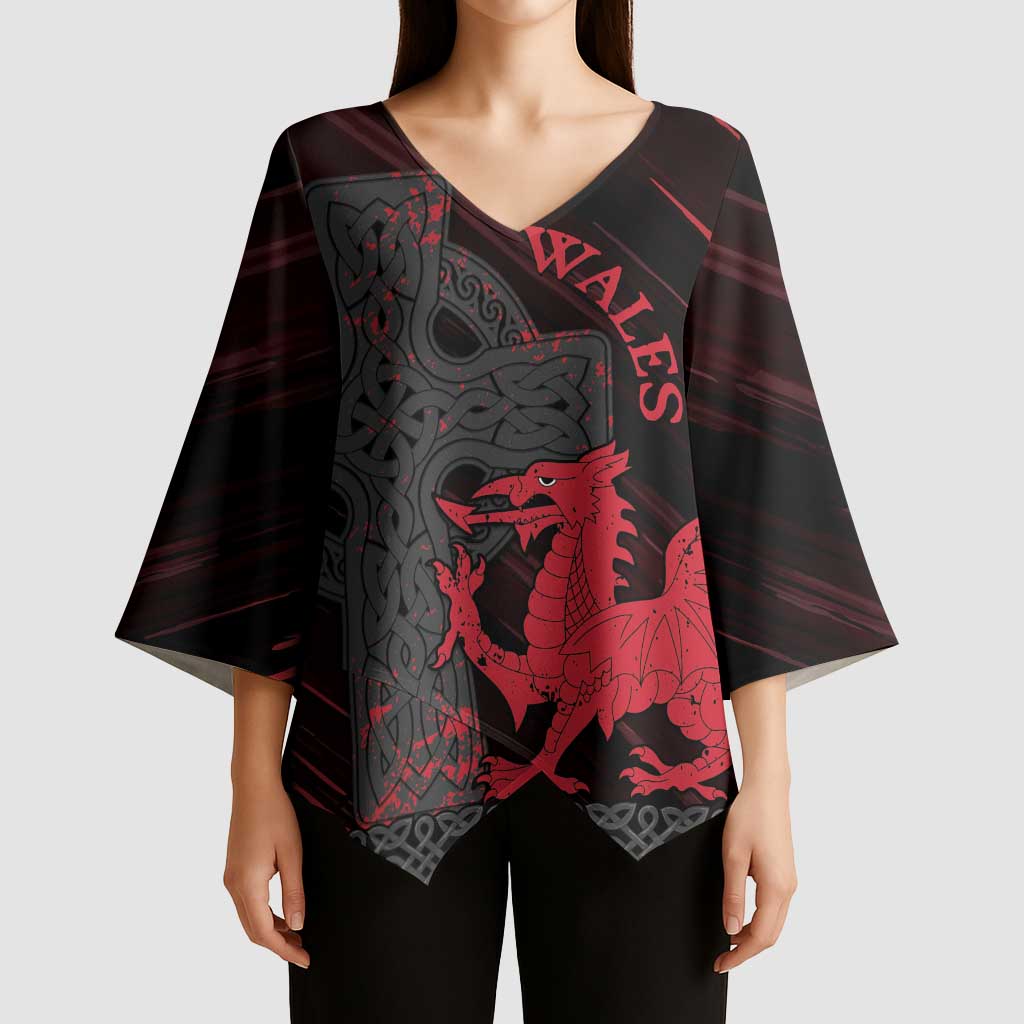 Wales Kimono Sleeve Blouse Celtic Cross Welsh Red Dragon - Wonder Print Shop