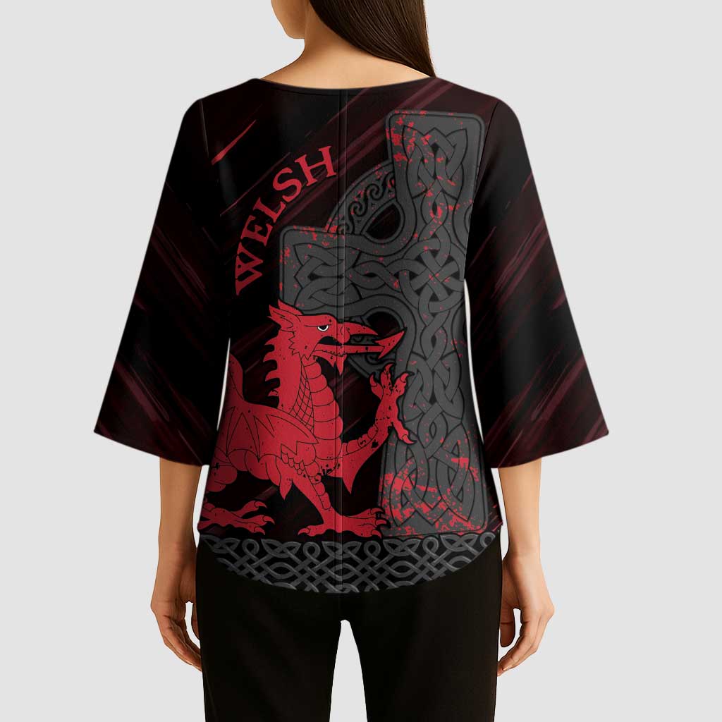 Wales Kimono Sleeve Blouse Celtic Cross Welsh Red Dragon - Wonder Print Shop