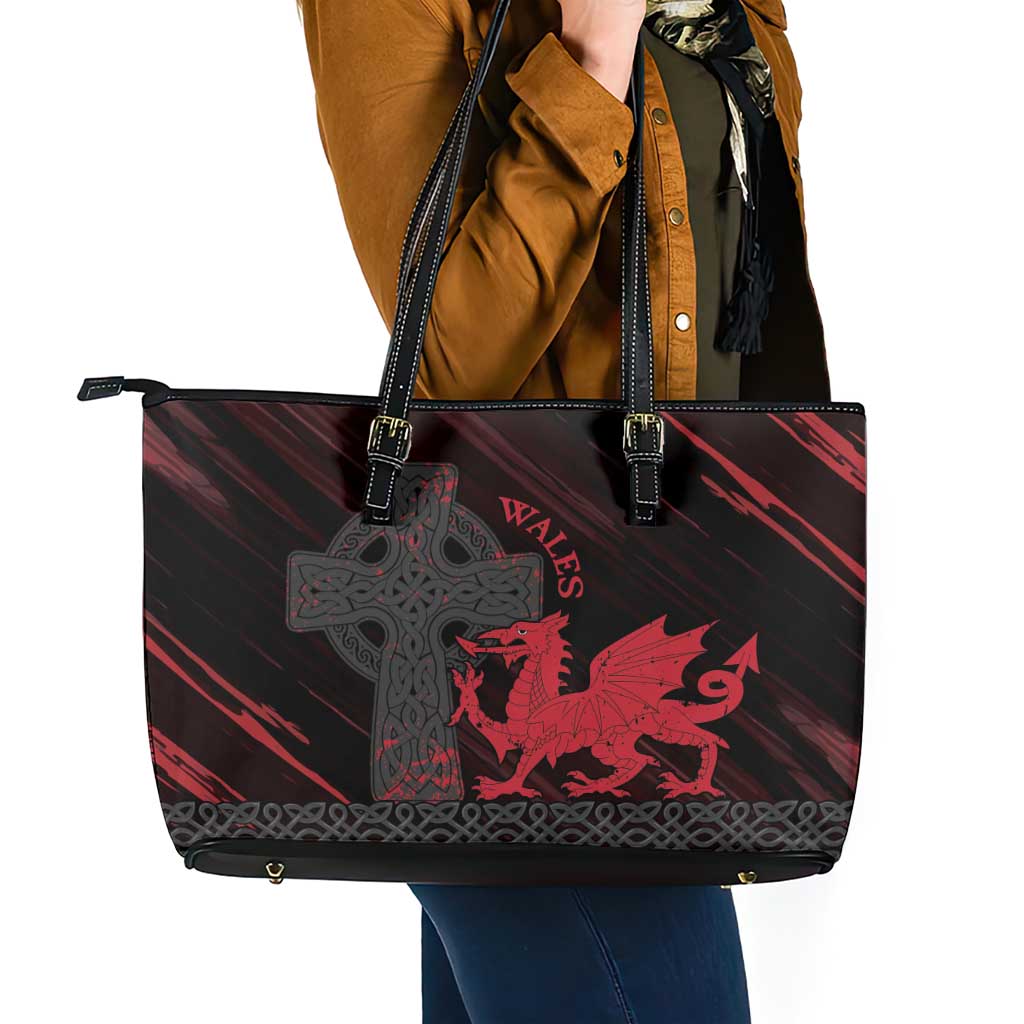 Wales Leather Tote Bag Celtic Cross Welsh Red Dragon - Wonder Print Shop
