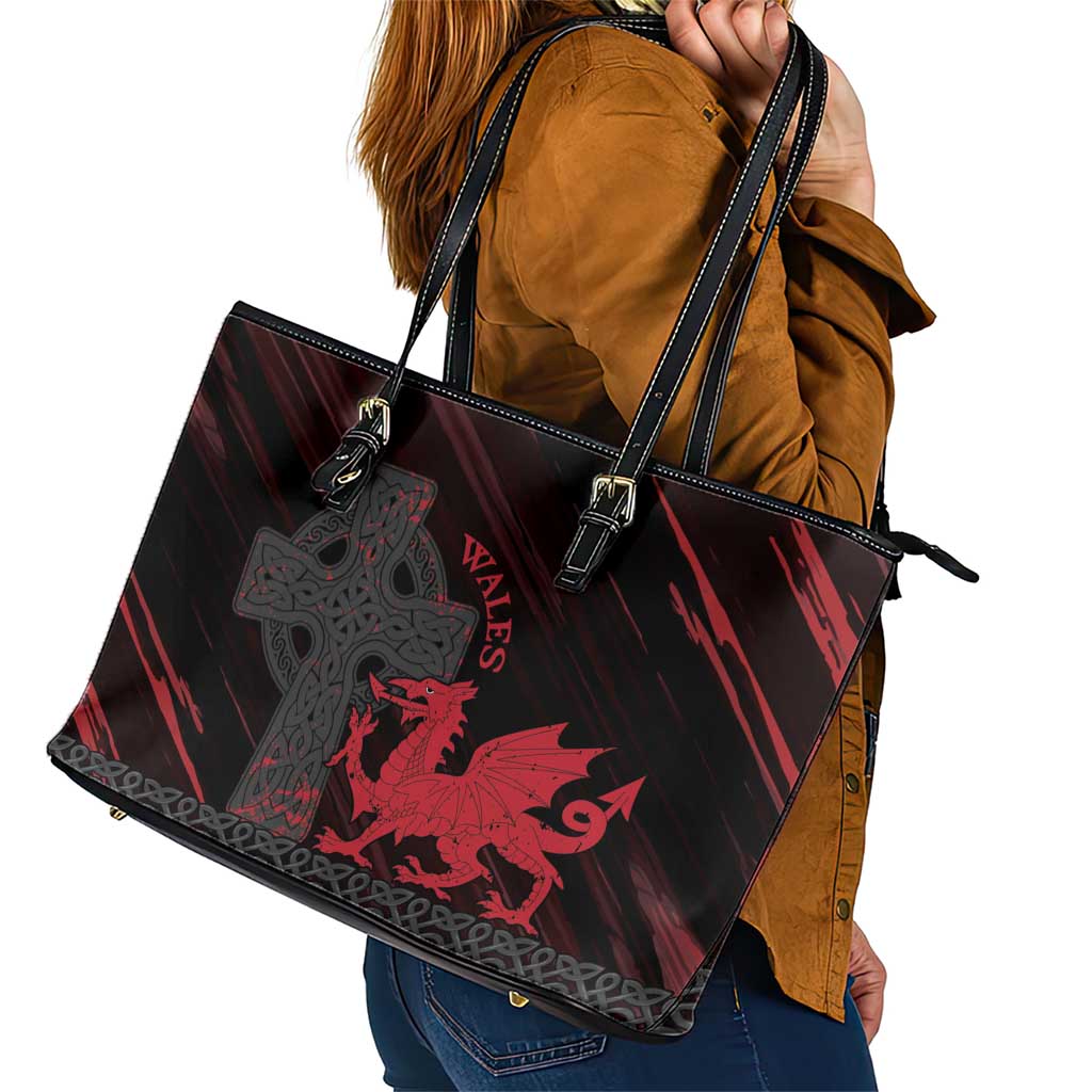 Wales Leather Tote Bag Celtic Cross Welsh Red Dragon - Wonder Print Shop
