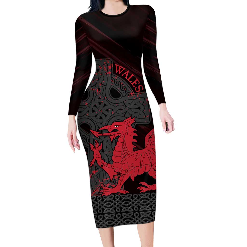 Wales Long Sleeve Bodycon Dress Celtic Cross Welsh Red Dragon - Wonder Print Shop