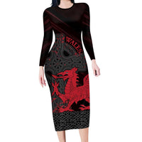Wales Long Sleeve Bodycon Dress Celtic Cross Welsh Red Dragon - Wonder Print Shop