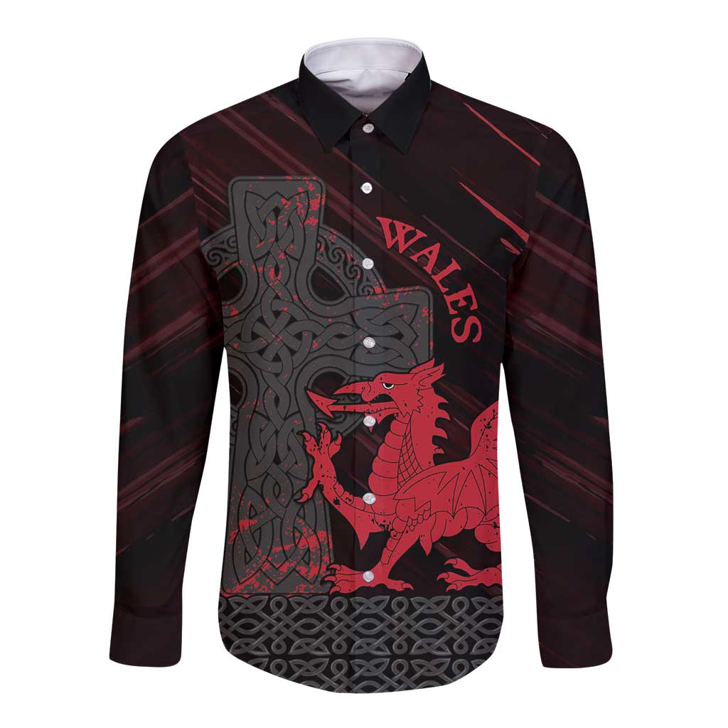Wales Long Sleeve Button Shirt Celtic Cross Welsh Red Dragon - Wonder Print Shop
