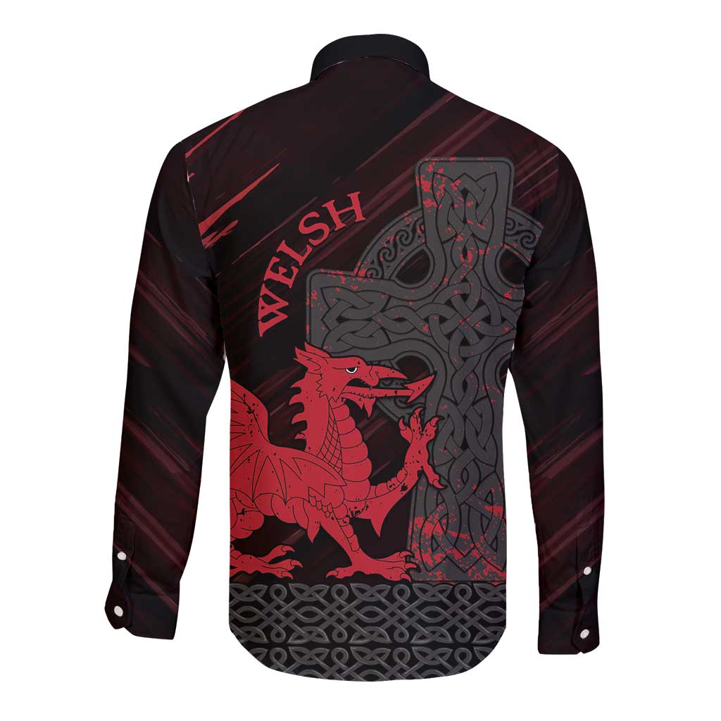 Wales Long Sleeve Button Shirt Celtic Cross Welsh Red Dragon - Wonder Print Shop