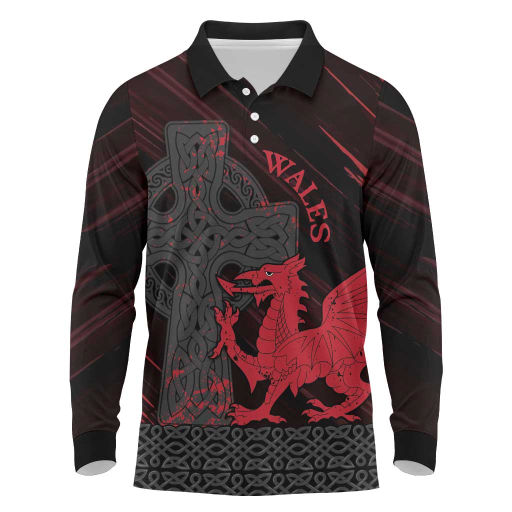 Wales Long Sleeve Polo Shirt Celtic Cross Welsh Red Dragon - Wonder Print Shop