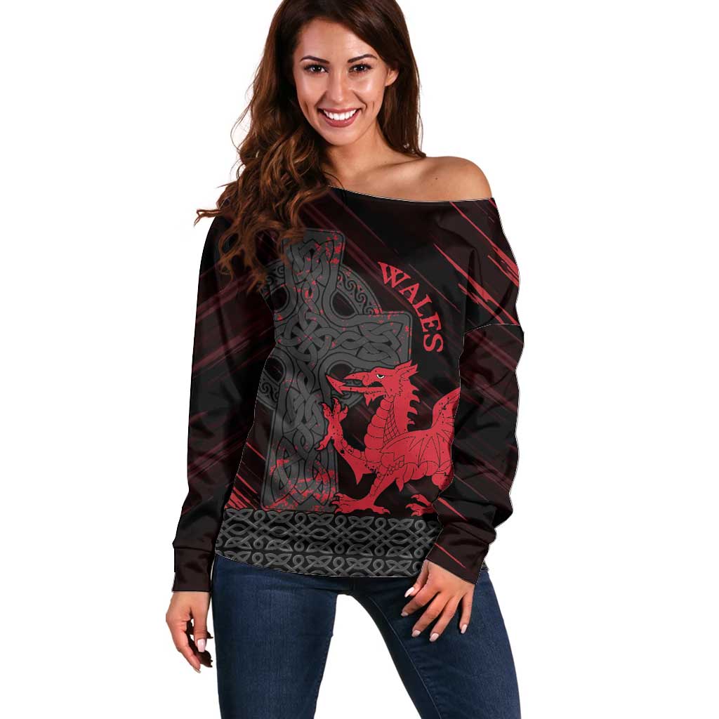 Wales Off Shoulder Sweater Celtic Cross Welsh Red Dragon - Wonder Print Shop