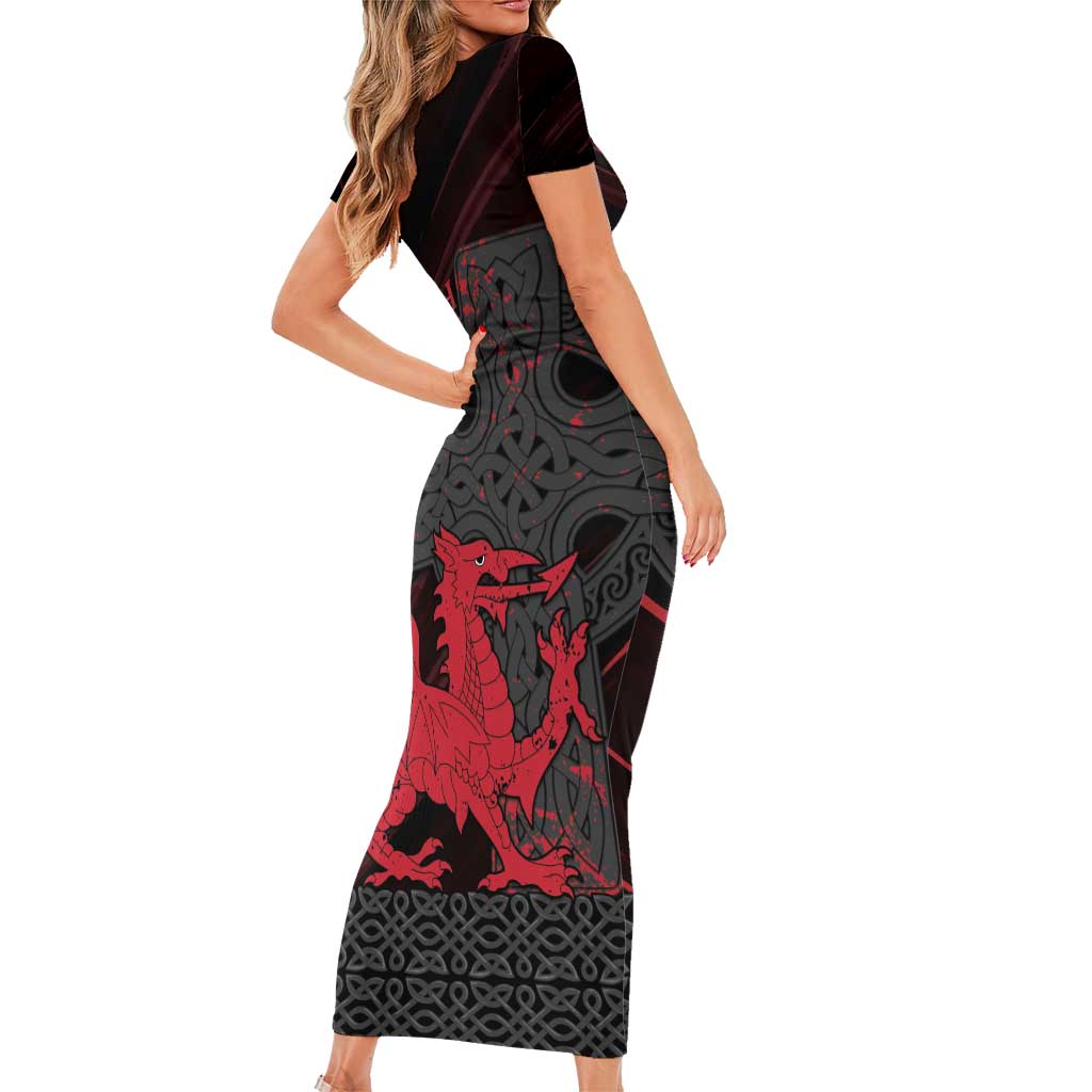 Wales Short Sleeve Bodycon Dress Celtic Cross Welsh Red Dragon - Wonder Print Shop