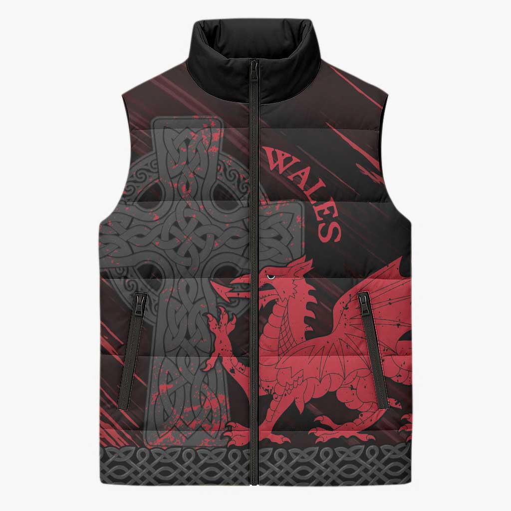 Wales Sleeveless Puffer Jacket Celtic Cross Welsh Red Dragon - Wonder Print Shop