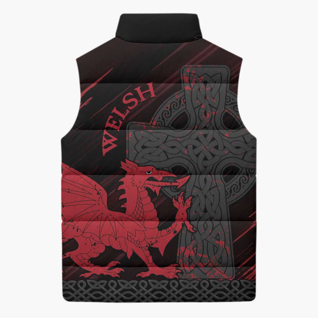 Wales Sleeveless Puffer Jacket Celtic Cross Welsh Red Dragon - Wonder Print Shop